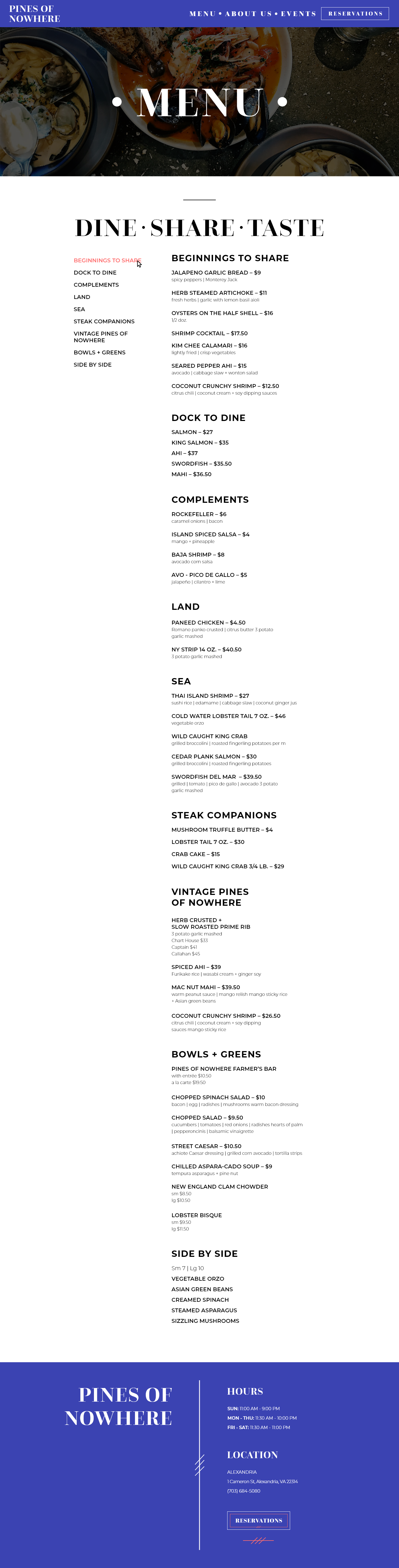 Pines of Nowhere Food Menu