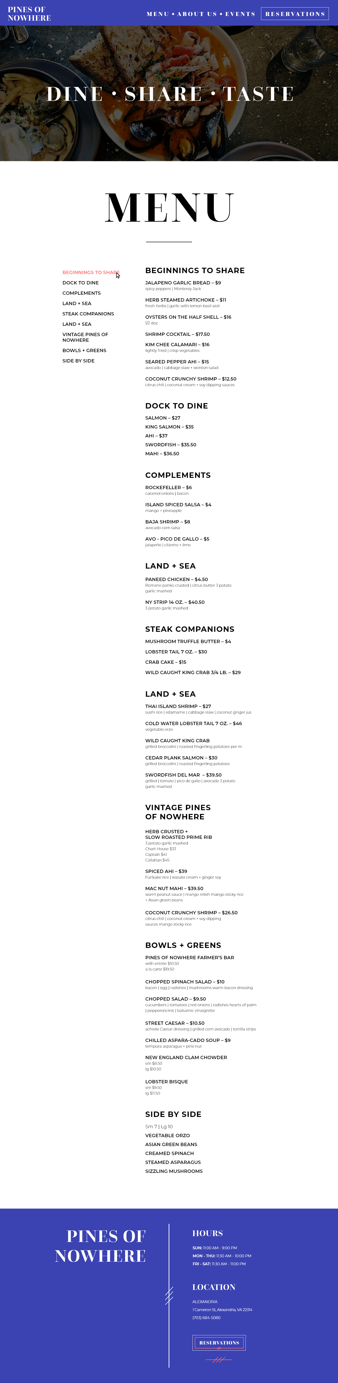 Pines of Nowhere Food Menu