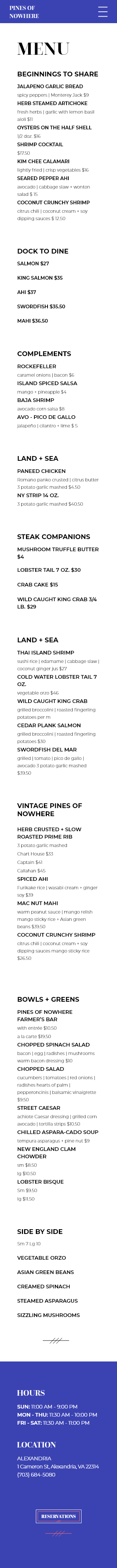 Pines of Nowhere Food Menu