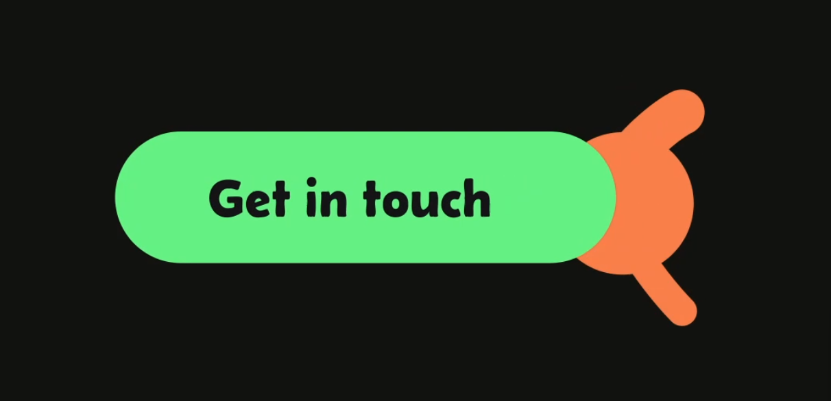 Picture of the same button but in it's hover state. In this state it changes to green and an orange little surfer dude hand pokes out on the right.